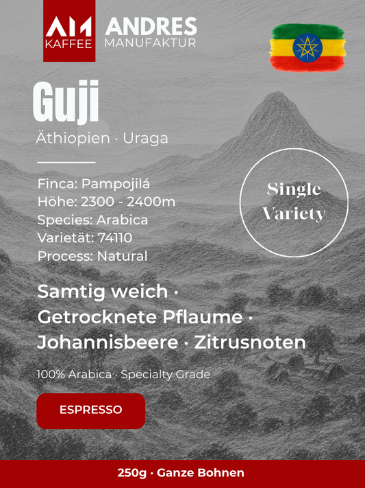 Guji Äthiopien Espresso Etikett – samtig weich, Pflaume, Johannisbeere, Zitrus · Natural Process Andres Kaffeemanufaktur
