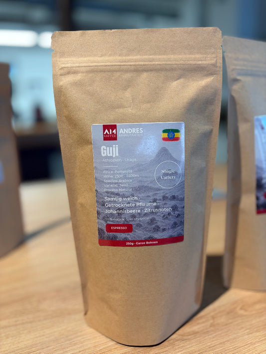 Guji Äthiopien Single Variety Espresso – getrocknete Pflaume, dunkle Schokolade · Andres Kaffeemanufaktur Vorarlberg